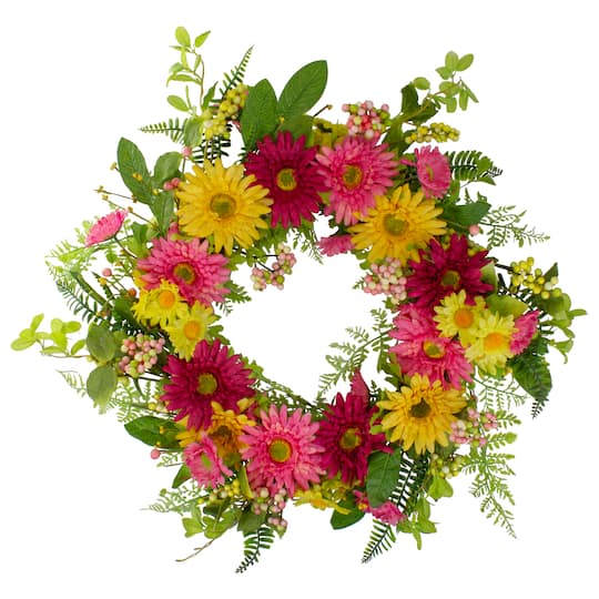 23&#x22; Pink &#x26; Yellow Chrysanthemum &#x26; Daisy Floral Spring Wreath
